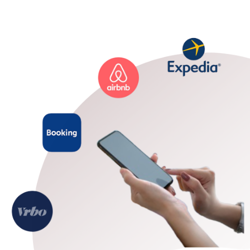 Mobile app showing InnovGuide integrations with Airbnb, Booking, Expedia and Vrbo